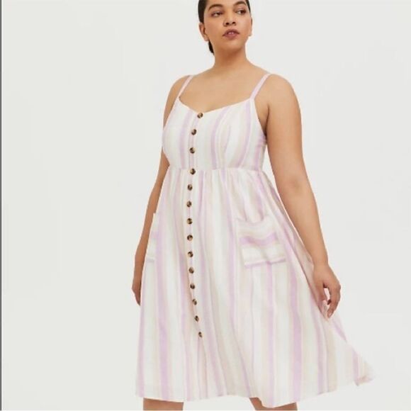Torrid Purple White Multi Color Stripe Midi Linen Blend Boho Dress Summer Spring - Picture 1 of 16